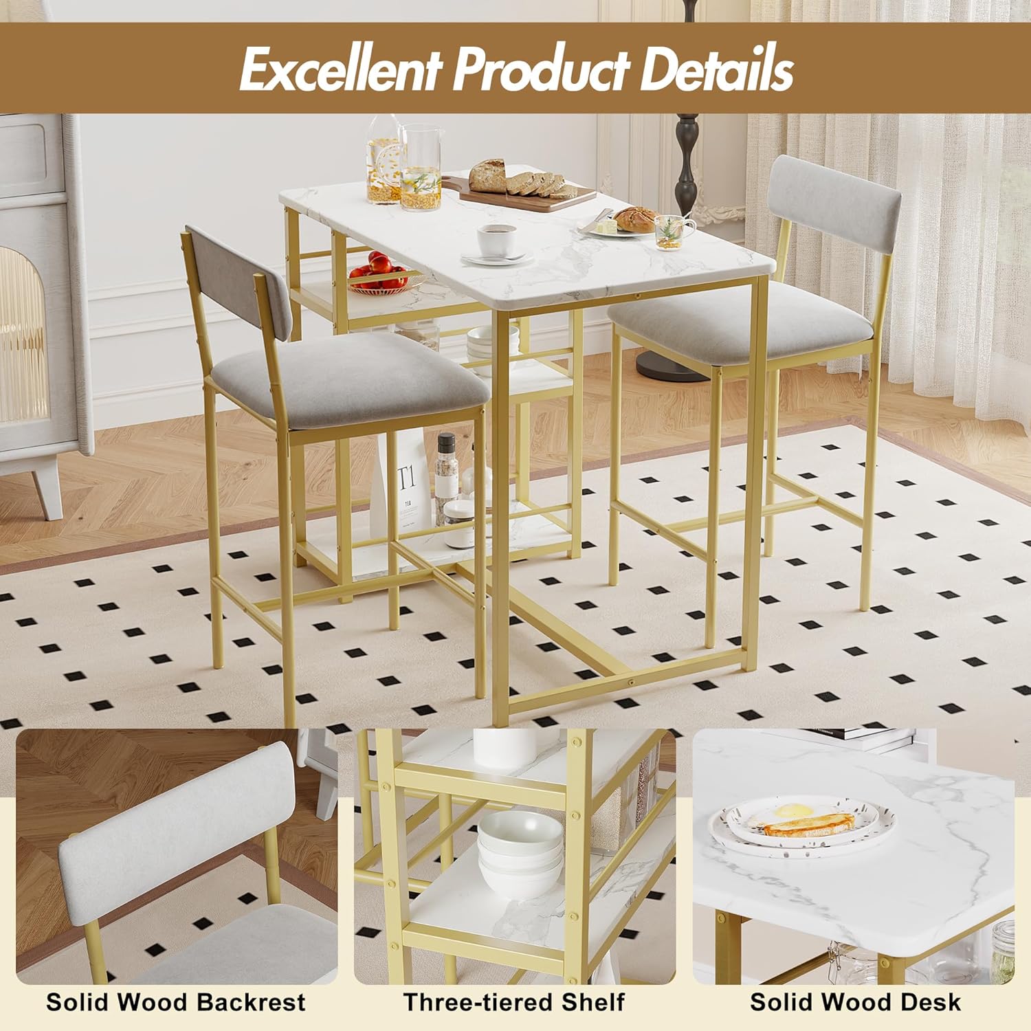 3-Piece Double Bar Table Set with 3-Tier Storage Shelves, Compact Kitchen Dining Table Set with 2 Upholstered Stools, Space-Saving Breakfast Nook for Kitchens, Taverns, Apartments