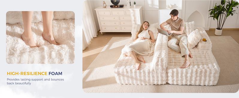 MAXYOYO 104" Modular Sectional Couch with L-Shape Chaise, Modern Boneless Couch for Living Room, Sofa in A Box, Faux Fur Sofa Sleeper with Deep Seat, No Assembly Required