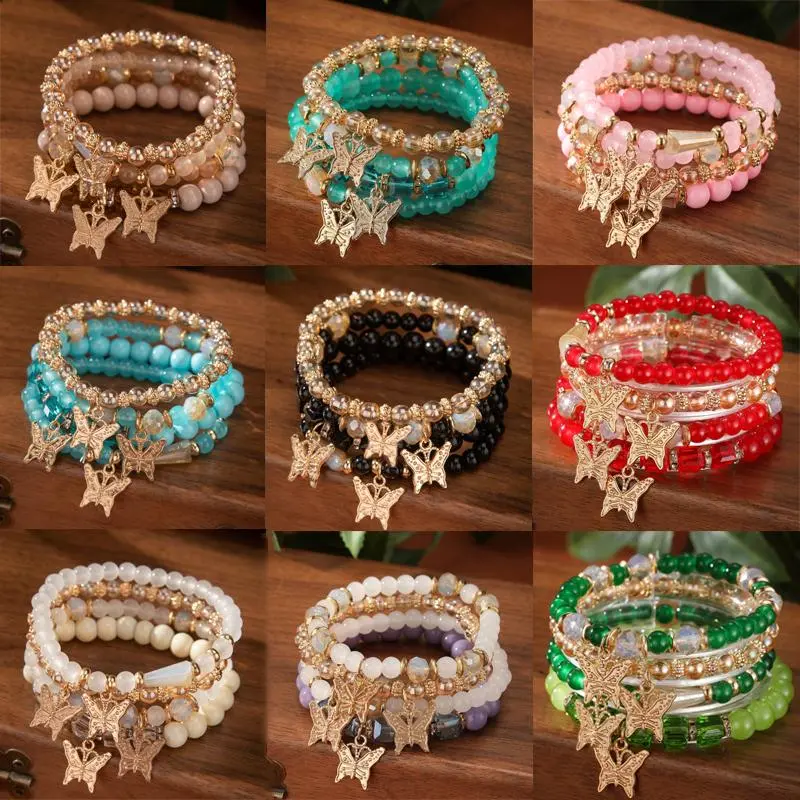 10-24Pcs Elegant Bohemian Style Artificial Crystal Glass CCB Alloy Butterfly Pendant Stacked Handmade Beaded Bracelet Set Suitable for Women'S Daily Wear, Concert, Wedding, Banquet, Celebration, Party, Birthday Gift for Girlfriend