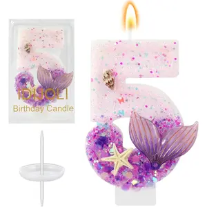 Purple Number 5 Mermaid Birthday Candle 5th Birthday Cake Topper Cupcake Decorations for Girls and Women Party Anniversary Celebration Supplies Favors
