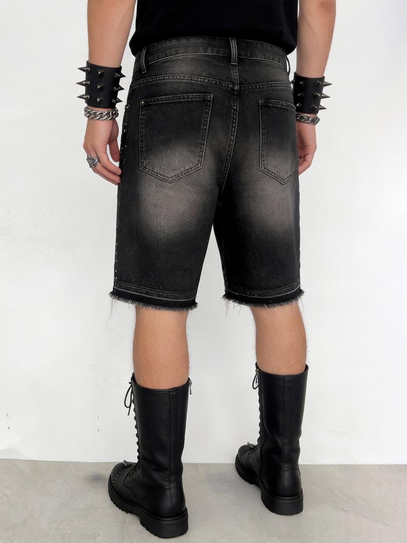 Men's shiny rhinestone-embellished denim shorts, black-gray washed denim five-point shorts, decorated with full silver rhinestones, straight-leg frayed design balances personality and versatility, Y2K street fashion shorts