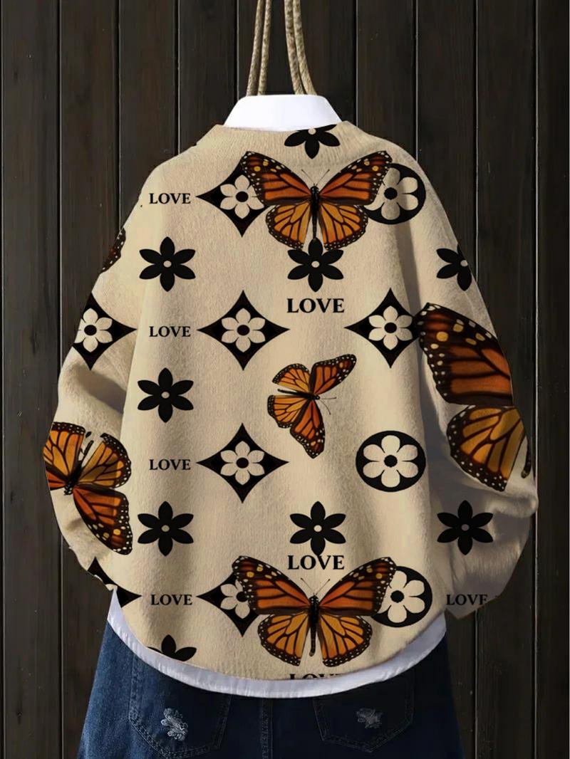 Women's Butterfly Print Stand Collar Sweater, Casual Long Sleeve Knitwear for Fall Winter, Comfortable Warm Daily Wear
