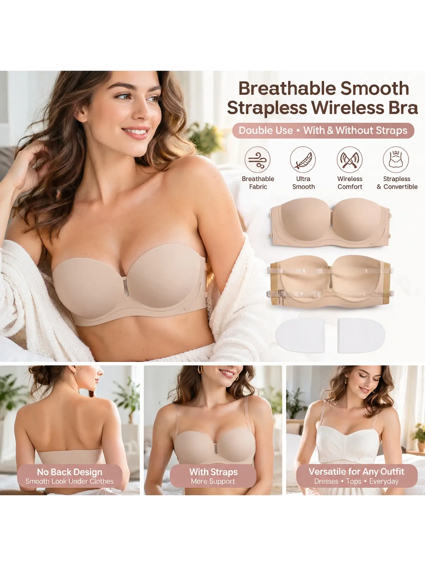 Non-slip pad cup bra Strapless invisible breast stickers, two ways to wear for wedding use, gathering and seamless breast stickers, suitable for evening gowns, sports bras and intimate underwear, ladies' clothing accessories