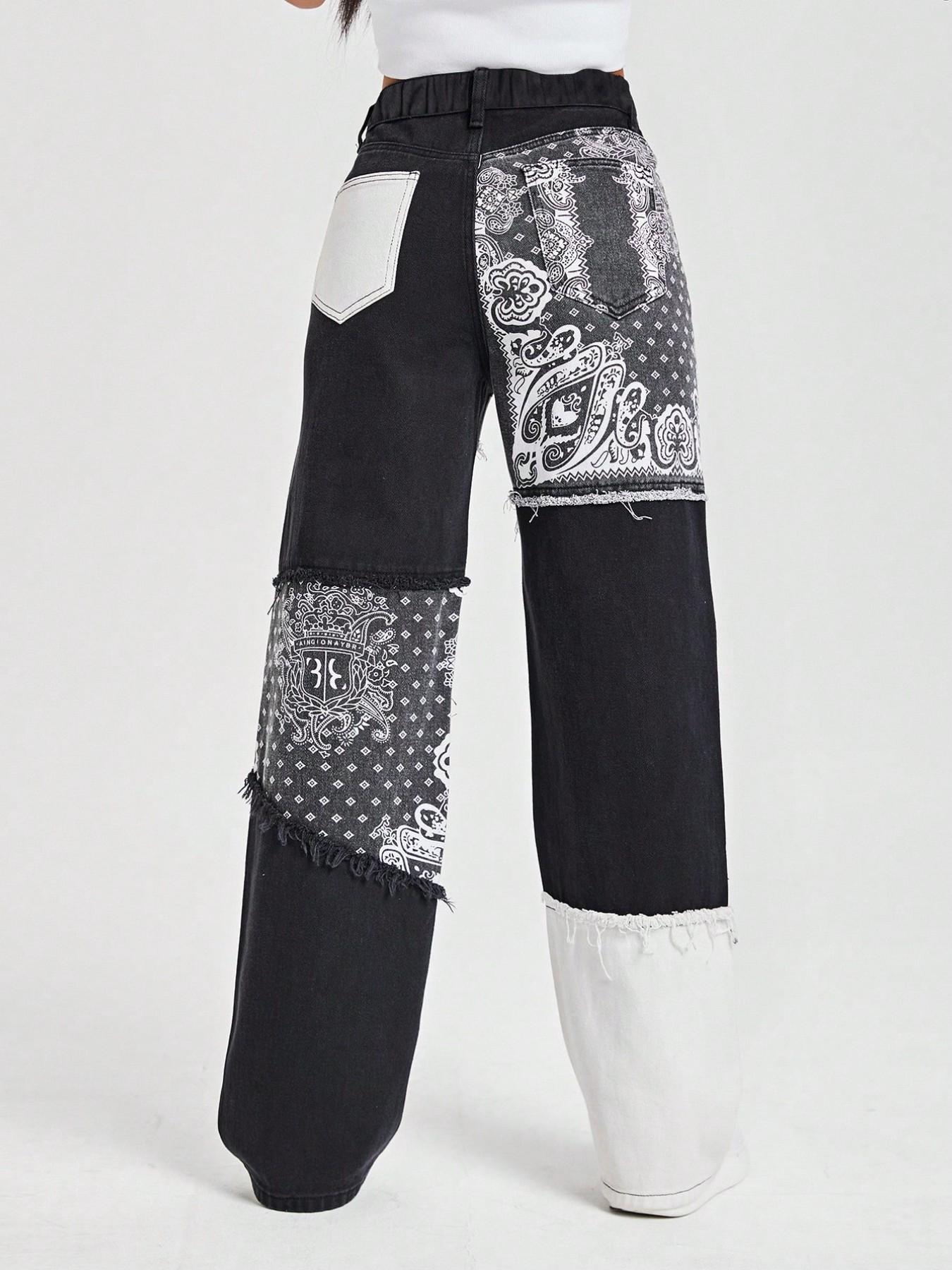 Plus Size American Vintage Paisley Patchwork Jeans, High Waist Slimming Wide Leg Pants, Women's Fashionable Denim Trousers