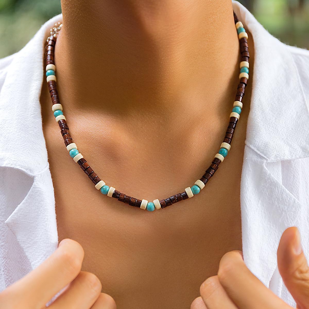 Puka Shell Necklace Beaded Necklace for Men,Men Surfer Necklace Mens Brown Coconut Seashell Turquoise Heishi Choker Necklace for Women,Summer Conch Beach Necklace