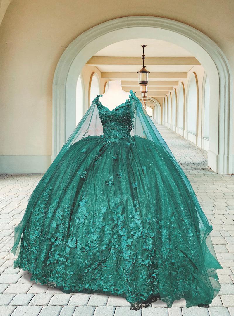 NO.41 Flowers and Metallic Lace Sparkle Tulle Quinceañera Dress With a cape bodycon party plain mature blue dress quince sequin dress Formal Womenswear party maxi Wedding Ceremony