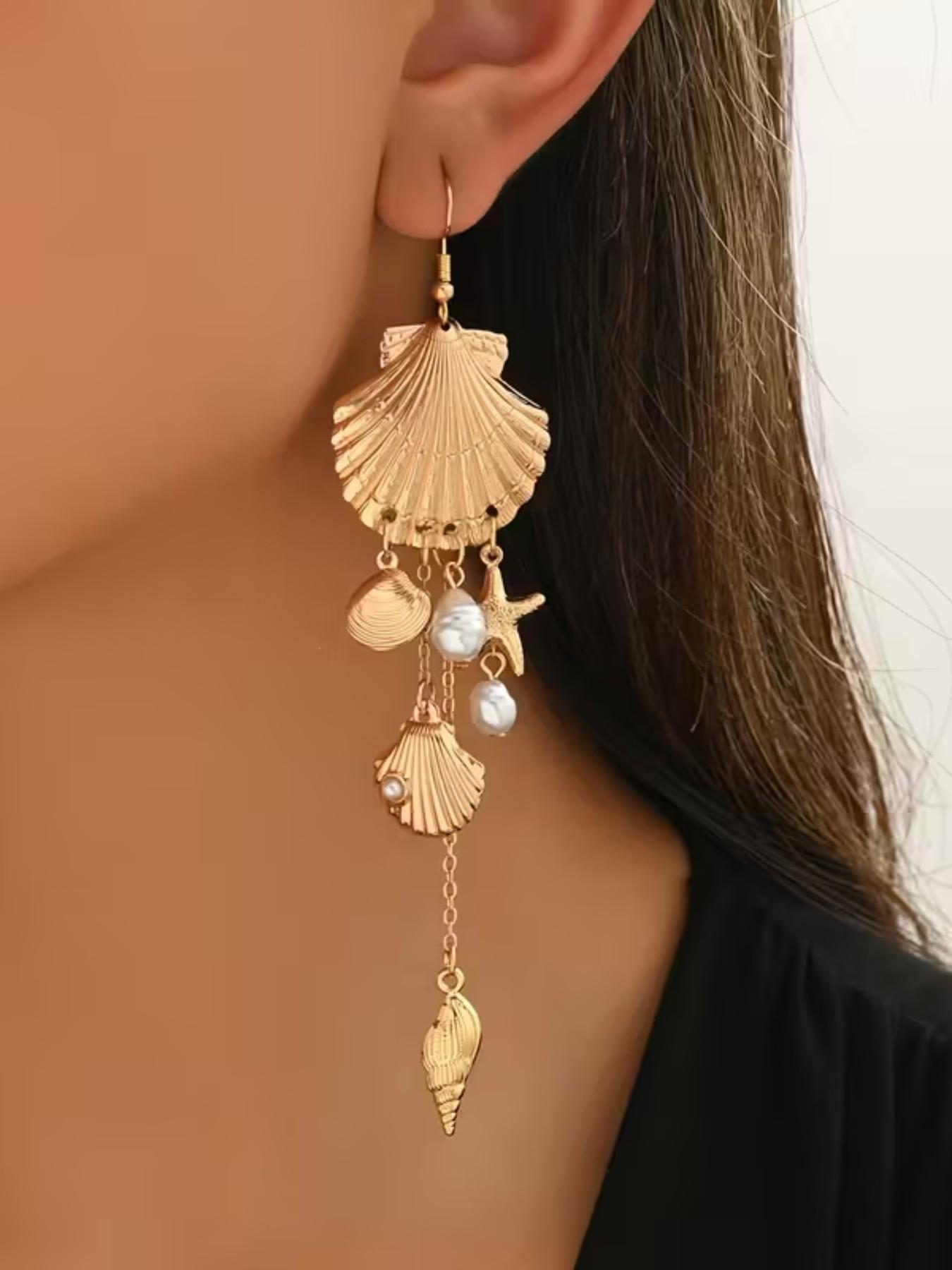 Boho Shell Conch Imitation Pearl Starfish Oceanic Pendant Earrings, Fashionable Bohemian Style Jewelry for Daily Wear & Beach Parties