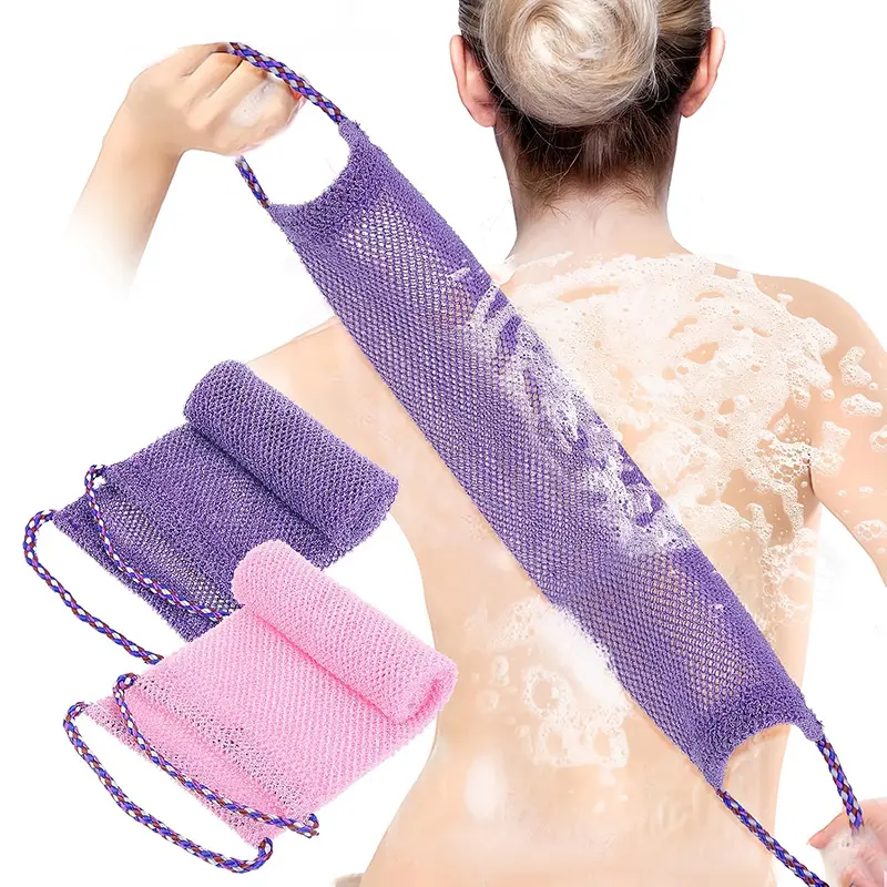 Double-sided Back Scrubber Bath Towel, Gentle & Rough Dual Texture for Deep Body & Back Exfoliating Cleaning, Premium Mesh Material with Convenient Strap, Random Color, All Season Daily Shower Use