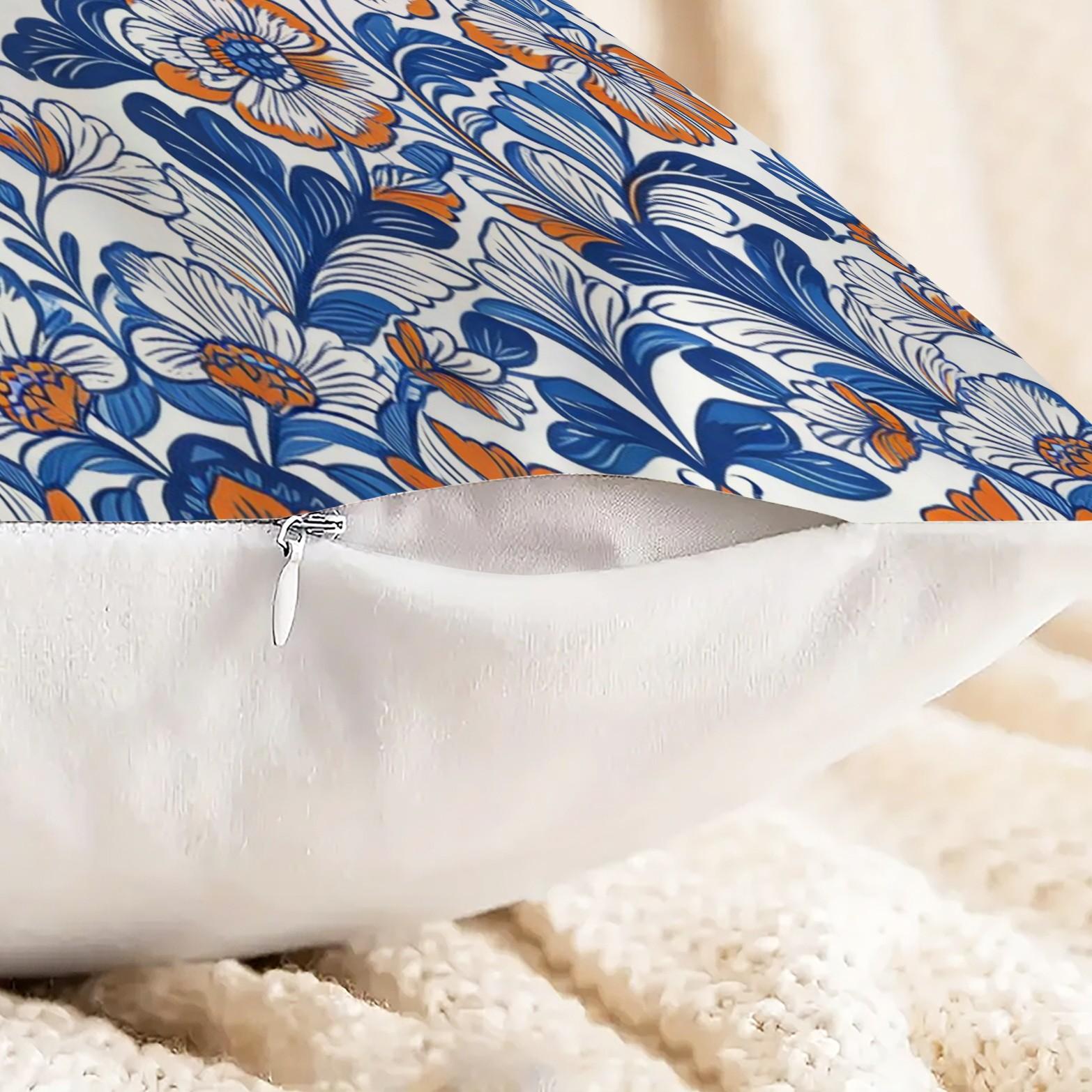 1 Piece Bohemian Blue Orange Floral Throw Pillow, HD Digital Printed Decorative Cushion, Aesthetic Boho Accent Pillow for Sofa, Couch, Bed and Living Room Home Decor