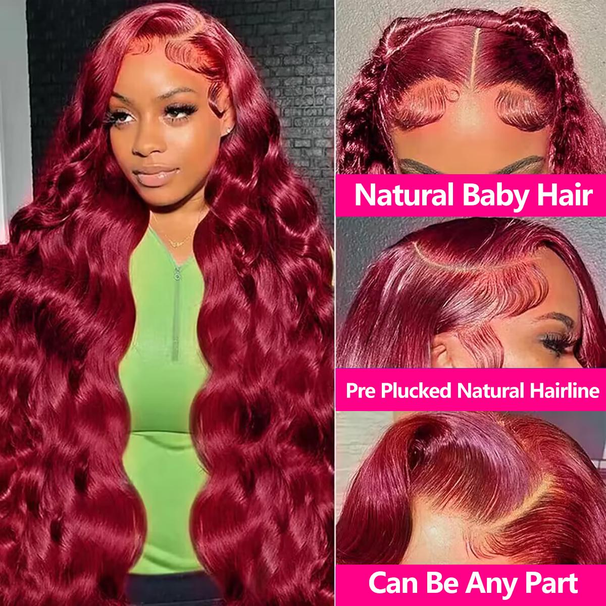 Tahikie 99j Burgundy 13x6 Colored Body Wave 13x6 HD Lace Frontal Wigs  For Women