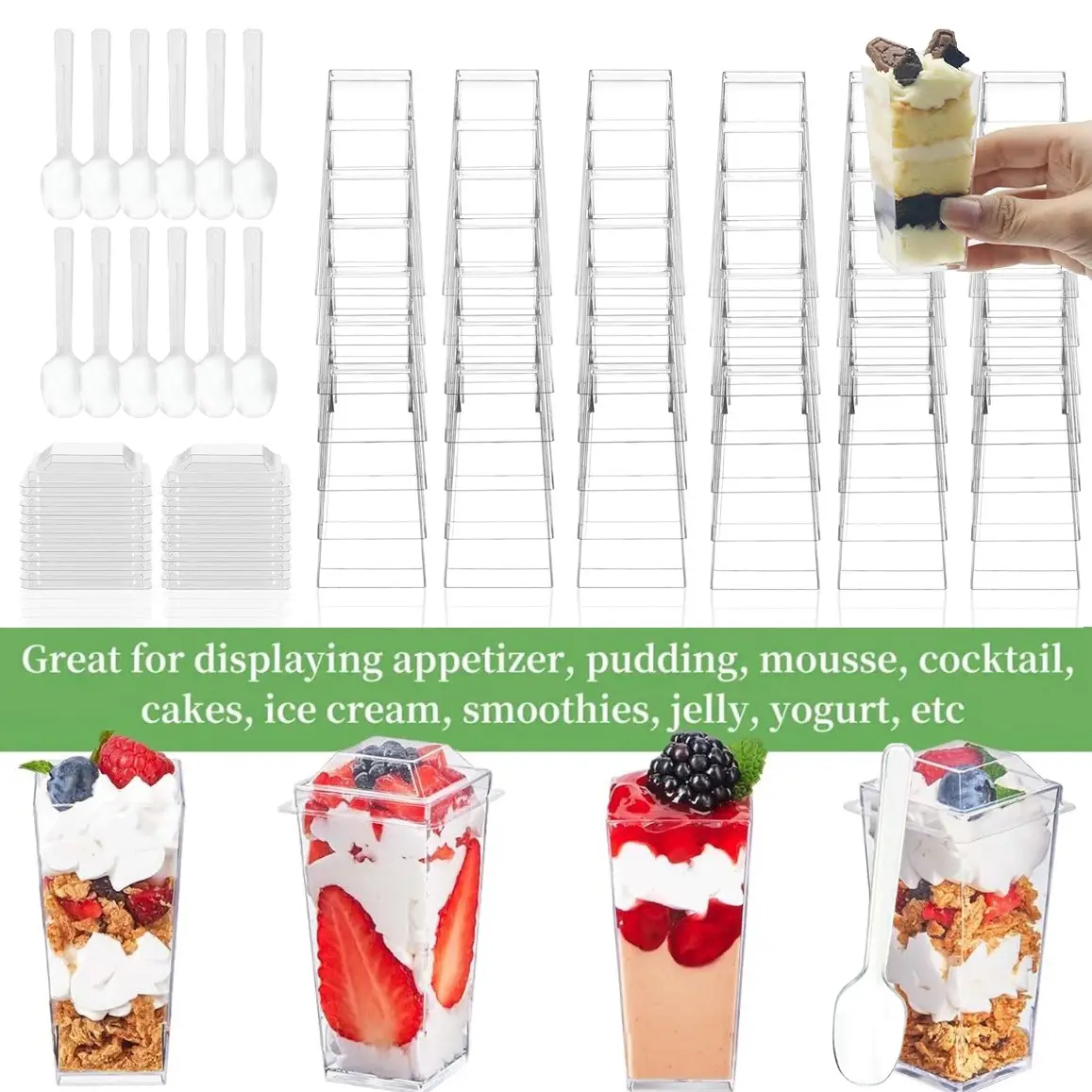 50/100 Pack 3oz Clear Square Mini Dessert Cups with Lids & Spoons, Heavy-Duty Plastic Parfait Shooter Cups, Disposable Small Appetizer Containers for Mousse, Cheesecake, Pudding, Jelly, Yogurt, Ice Cream, Smoothies, Wedding & Party Buffet Tableware