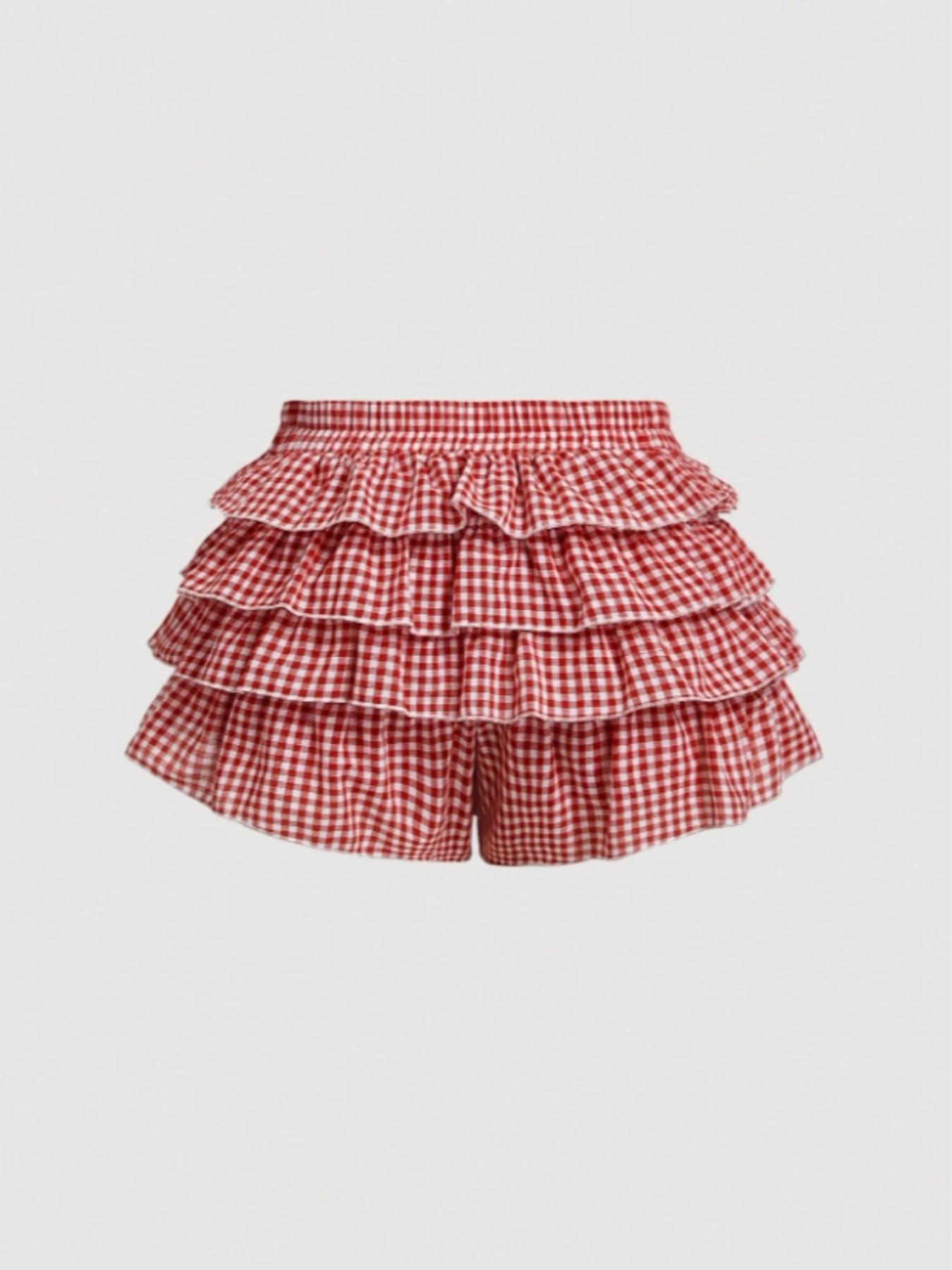 Casual Low Waist Plaid   Ruffle Hem Women's Shorts, Checkered Shorts, Women's Shorts for Summer, Perfect for School and Daily Wear