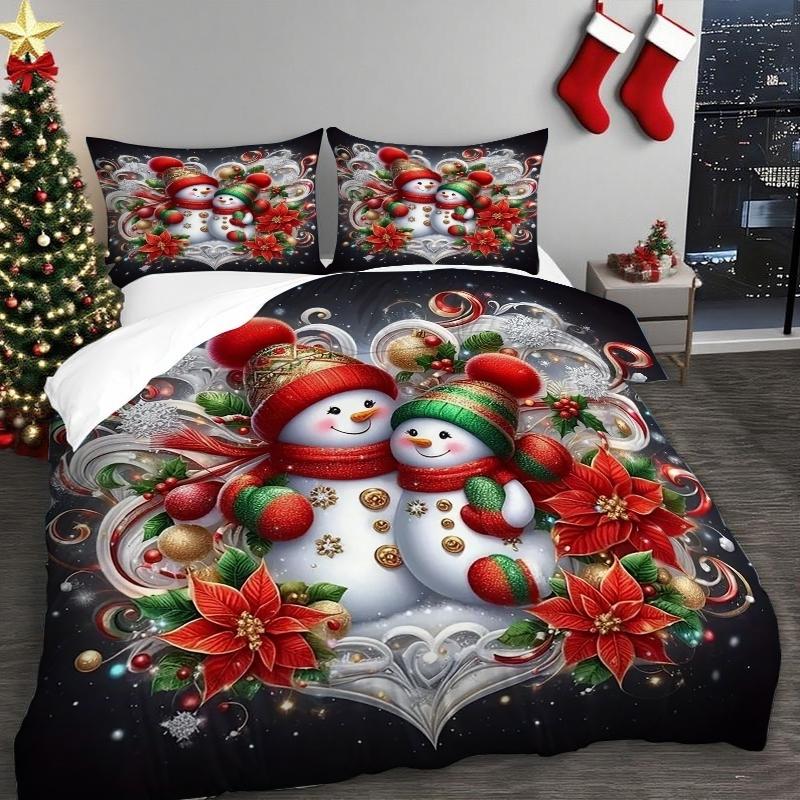 Christmas Theme Bedding Set, 3-Piece Snowman Pattern, Polyester Fiber, Fitted Sheet and Two Pillowcases, Universal Size