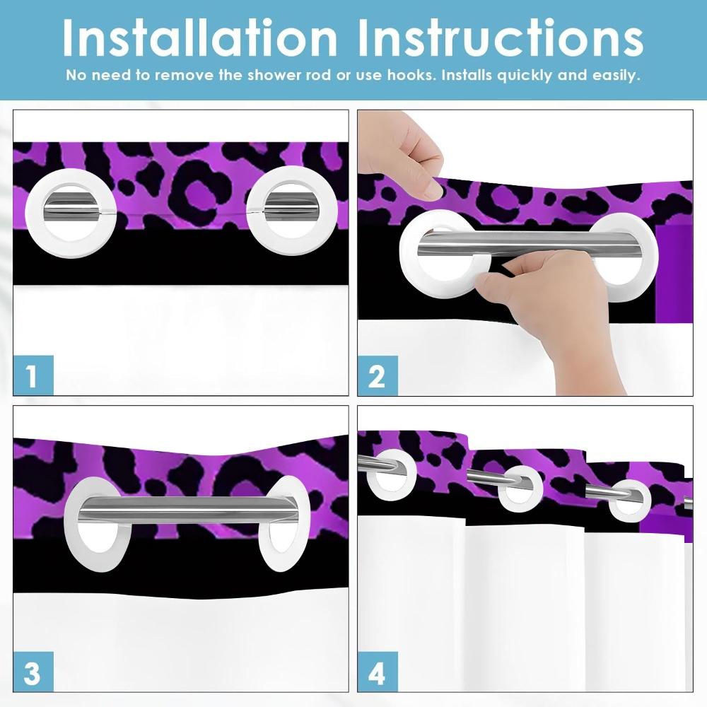 1pc hookless shower curtain with buckle lining, purple, black, white, leopard and zebra print patchwork design, 2D flat printing, waterproof fabric lining, see-through double-layer shower curtain, 71 x 74 inches, modern home draping curtain.