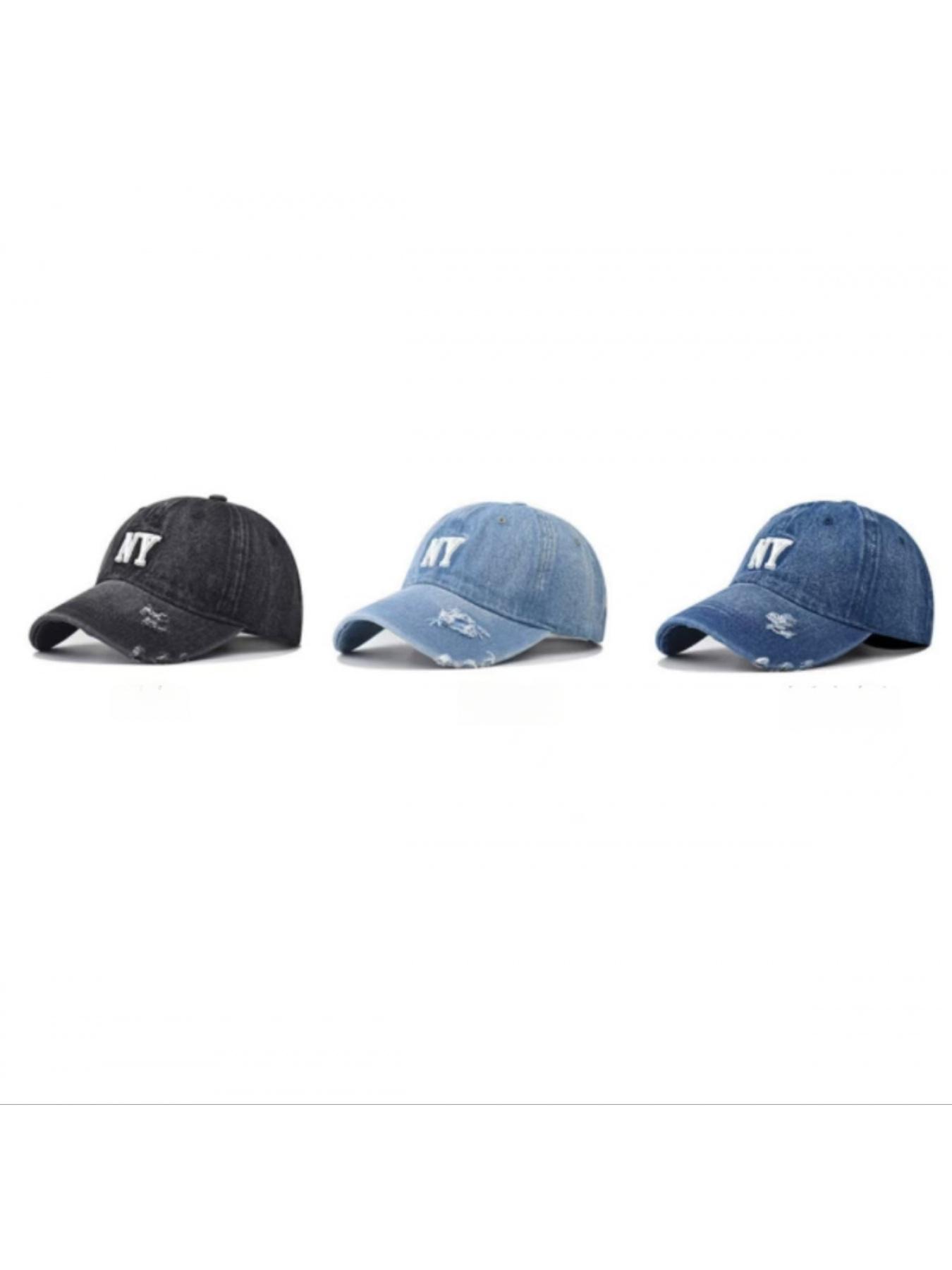 Washed vintage denim baseball cap with NY letter embroidery, versatile unisex peaked hat for all seasons