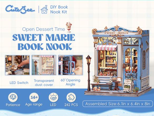 CUTEBEE DIY 3D Book Nook Kit Sweet Marie – Miniature Bakery Patisserie Dollhouse, Wooden Tiny House Bookshelf Decor, Handmade | Holiday, Christmas and Black Friday Gift