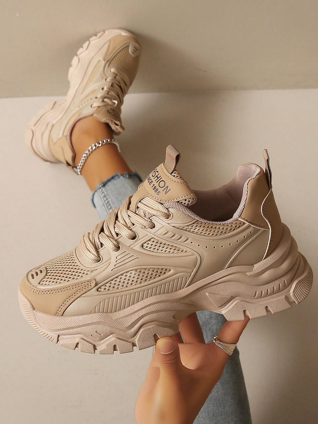 Women's Flat Casual Shoes, Thick Sole Dad Sneakers, Lightweight Casual Sneakers, Breathable Mesh Design, Sporty Fashion Footwear for Daily Wear