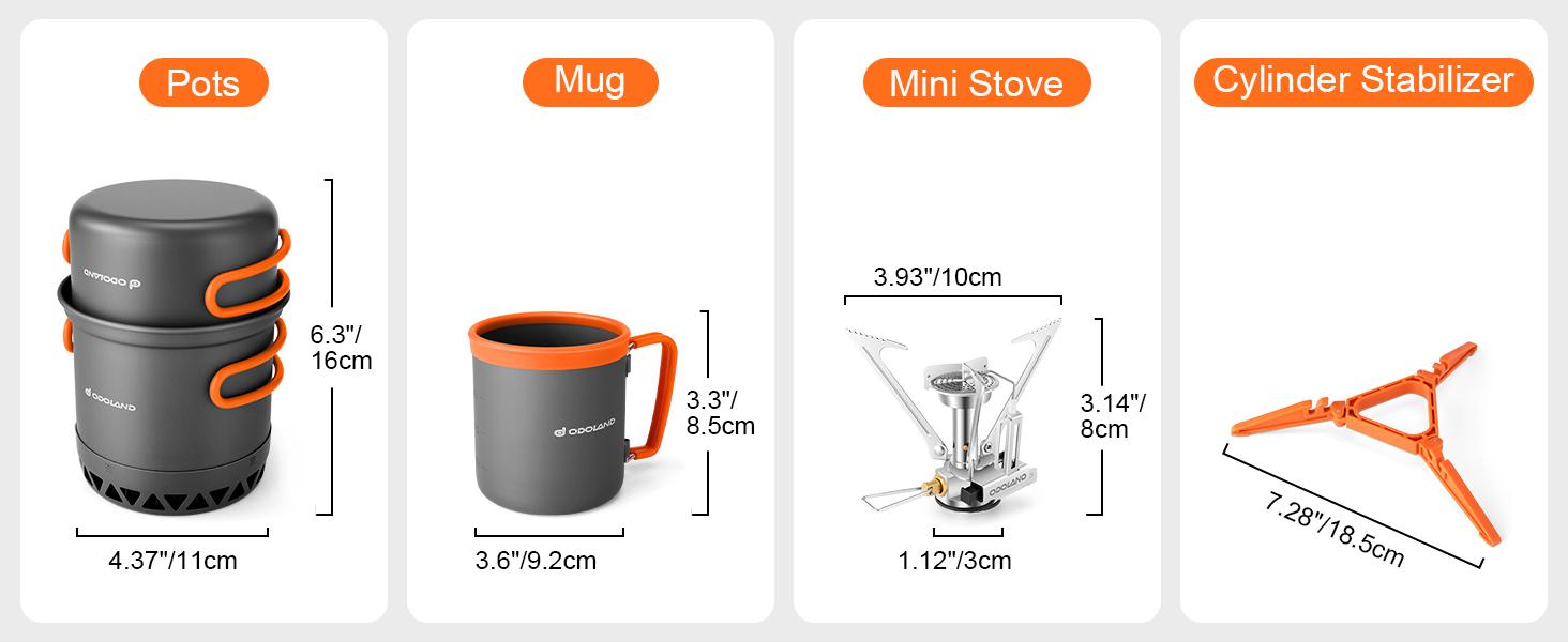 Odoland Camping Pots with Heat Exchanger Camping Cooking Set with Portable Camping Stove Camping Mess Kit Include Mug, Folding Utensil Set,Camping Cookware,Canister Stabilizer for Backpacking Outdoor Hiking & Picnic [Fuel not included]