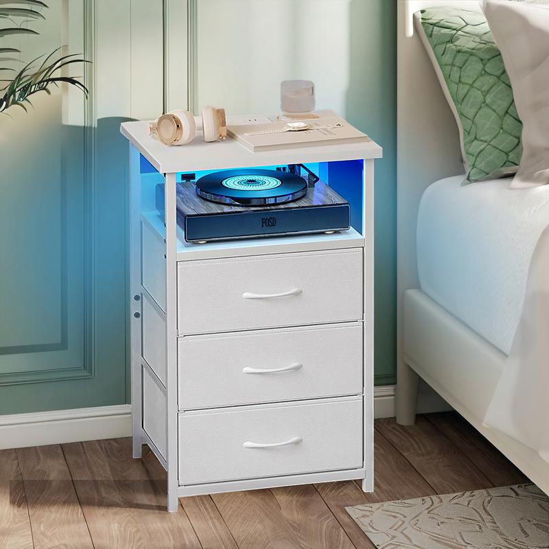 Night Stand with Charging Station, LED Nightstand with U-S-B Ports and Outlets, 3 Fabric Storage Drawers with PU Finish, Bedside Table, White