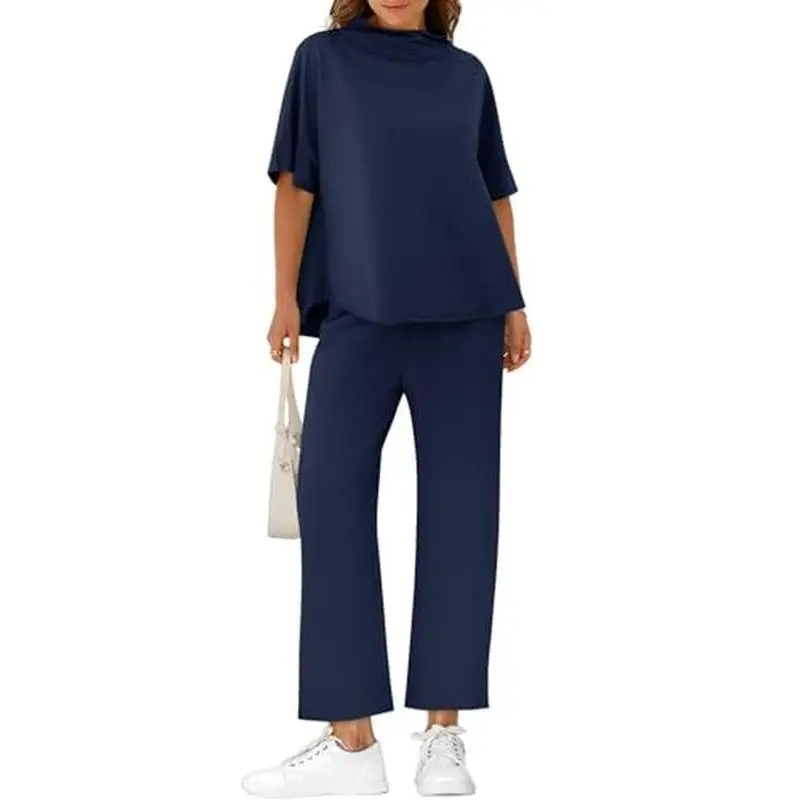 Lannew Women's Lounge Set 3/4 Batwing Sleeve Capelet Crew Neck Pullover Top Wide Leg Pants Two Piece Outfits Pajama Casual