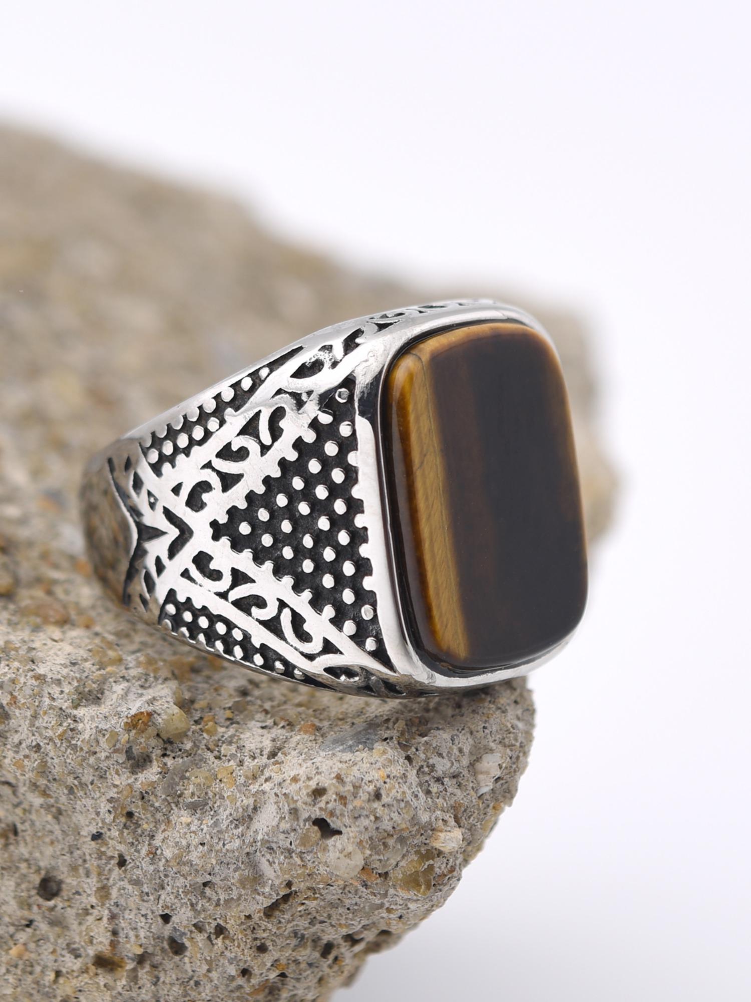 Vintage Men's Signet Ring 316L Stainless Steel Silver Color Blue Agate Square Stone Retro Carving Jewelry Gift