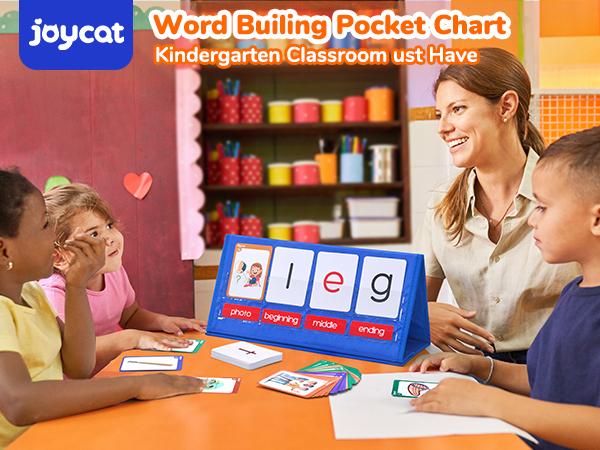 Word Building Desktop Pocket Chart Tent Flash Cards Kit, CVC Words Phonics Games Blending Board for Spelling, Language Learning, Educational Material