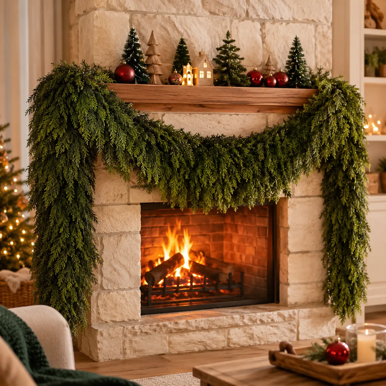 Christmas Garland Decoration, Artificial Cedar Garland for Fireplace Mantel, Lush Greenery Hanging Garland for Stair Railing, Doorway, Window and Holiday Home Decor, Realistic Pine Foliage Christmas Decoration