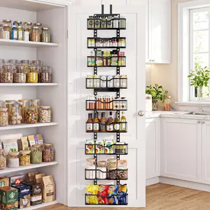 Over the Door Pantry Organizer, 9-Tier Heavy Duty Door Storage Rack with Solid Bottom Baskets, Stable No-Bumping Design, Adjustable Hanging Shelves for Kitchen Pantry