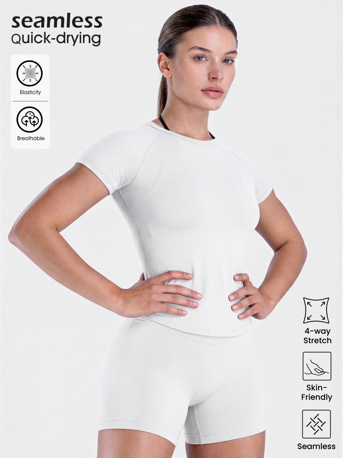 Women's New Nylon High Stretch Moisture Wicking Seamless Short Sleeve Fitness T-Shirt, Butt Coverage Long Sleeves