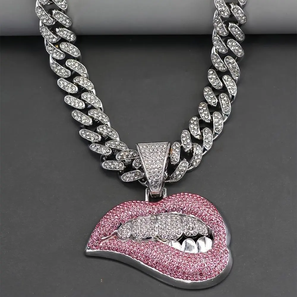 Iced Out Cuban Chain Necklace with Pink Biting Lips Pendant, Hip Hop Y2K Bling Statement Jewelry for Women