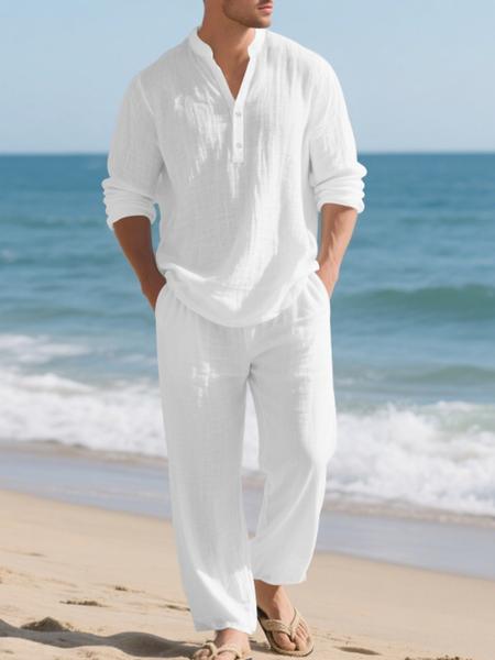 Men's High-Quality Linen Set, Beach Button Shirt & Casual Loose Pants, Spring Summer Wear, Comfortable Breathable Fabric Clothes