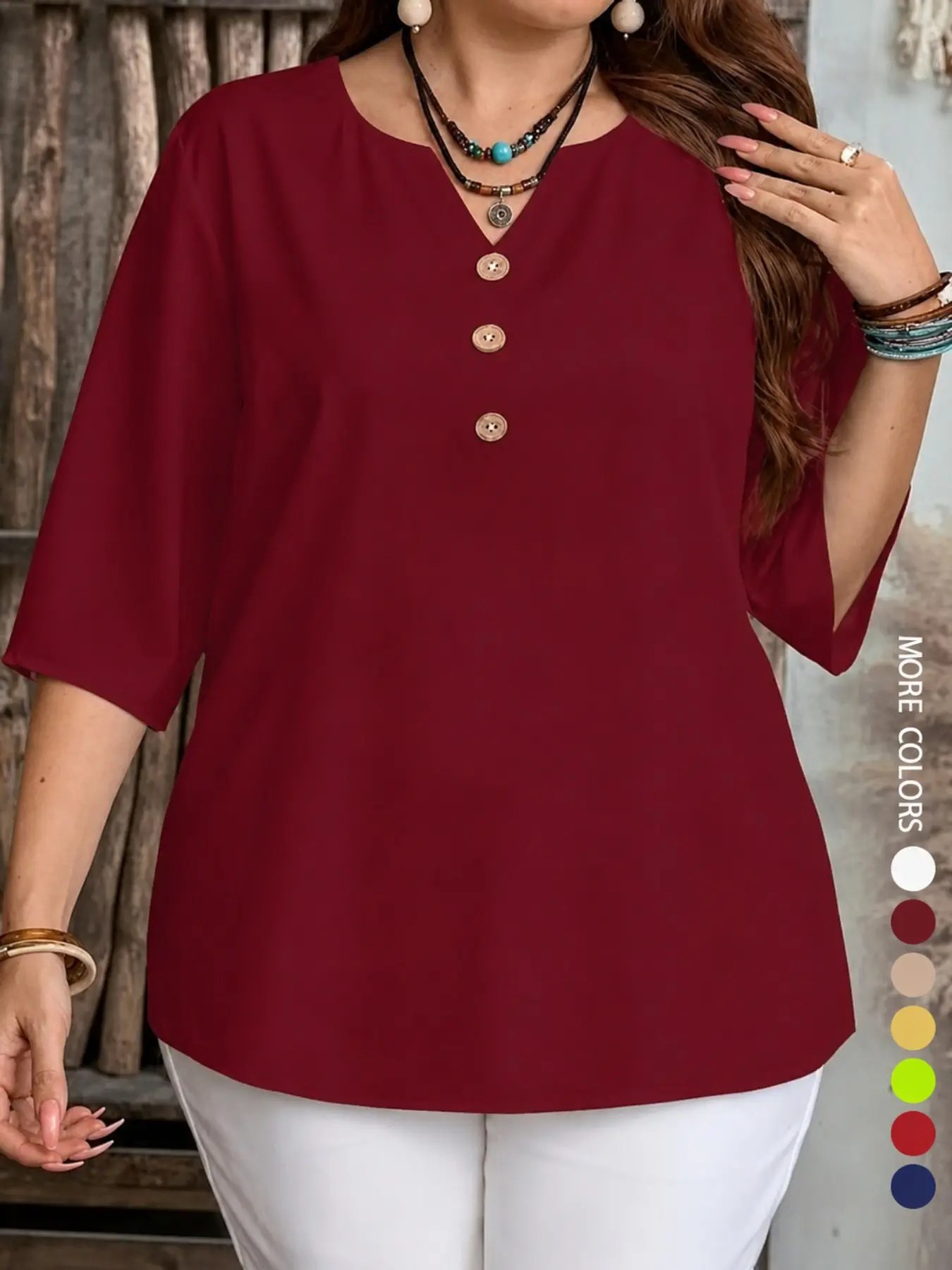 Women's Basic Casual Solid Color V-Neck Button Blouse, Simple Chic Bohemian Shirt for Spring, Summer and Fall, Plus Size Fashion Top, Great Valentine's Day Gift