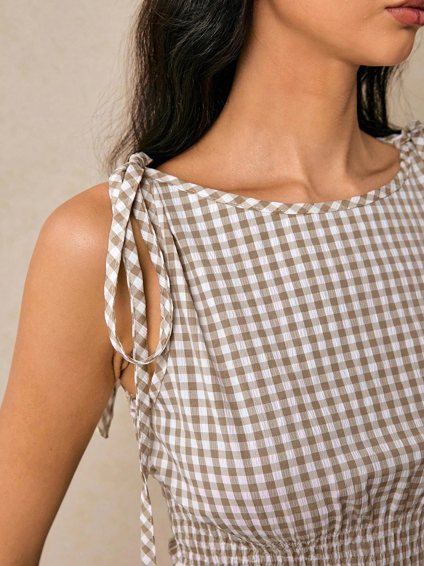 Women's Top Plaid Waist Top Boat Neck Waist Tie Ruffle Hem Shoulder Tie Tank Top Summer Cute Y2k Commute Daily Elastic