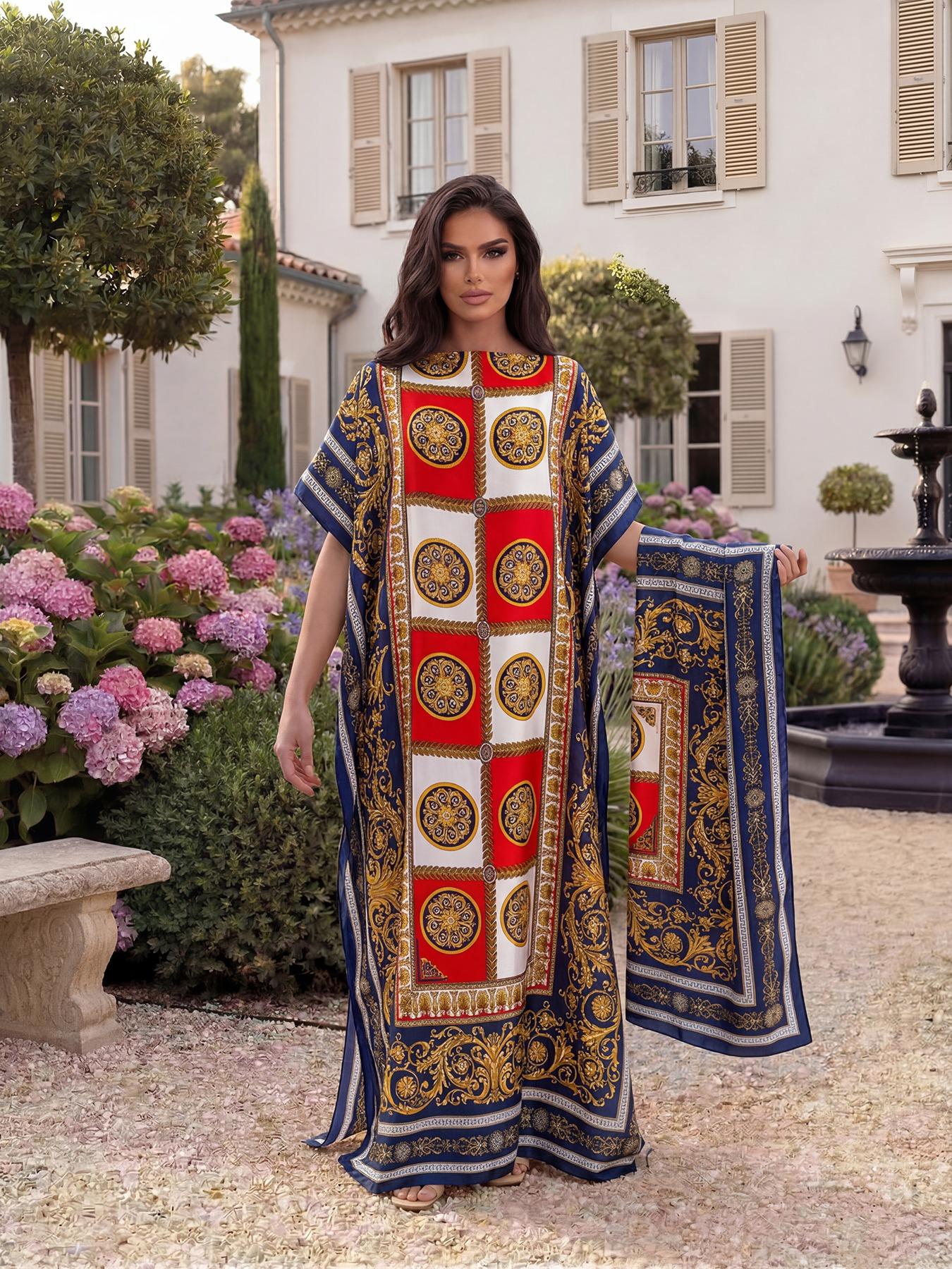 Women's Boho Style Long Robe Set, Fitted All-Over Print Shawl Dress, Sun Protection Silk Scarf, Beachwear for All Seasons