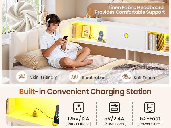 Hasuit Corner Twin Lift Up Storage Bed Frame with Charging Station & LED Lights, Twin Day Bed with Upholstered Headboard and Bookcase, Corner Beds with Hydraulic for Kids Teens Guests