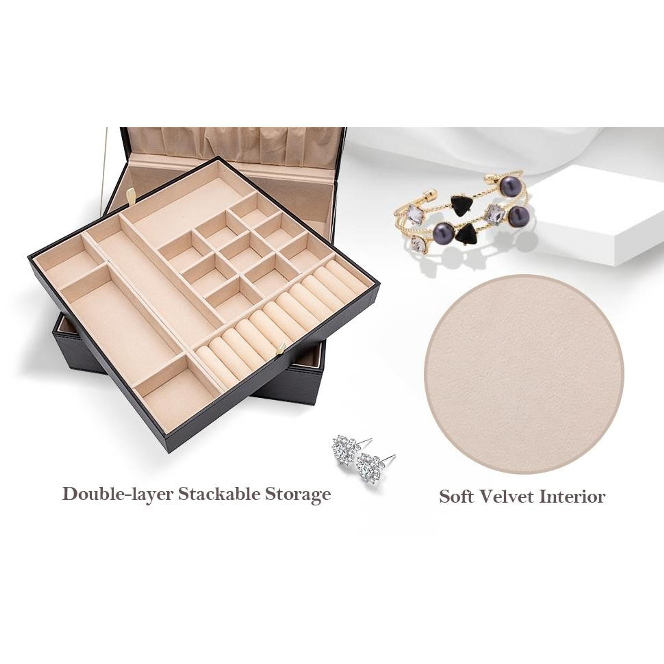 Two-Layer Leather Jewelry Box for Women - Black | Large Jewelry Organizer Storage Case with Removable Pad for EarringsGift