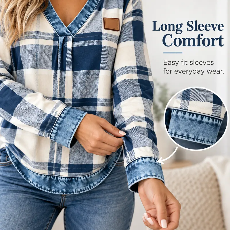 Colorblock plaid long sleeve top shown in another colorway