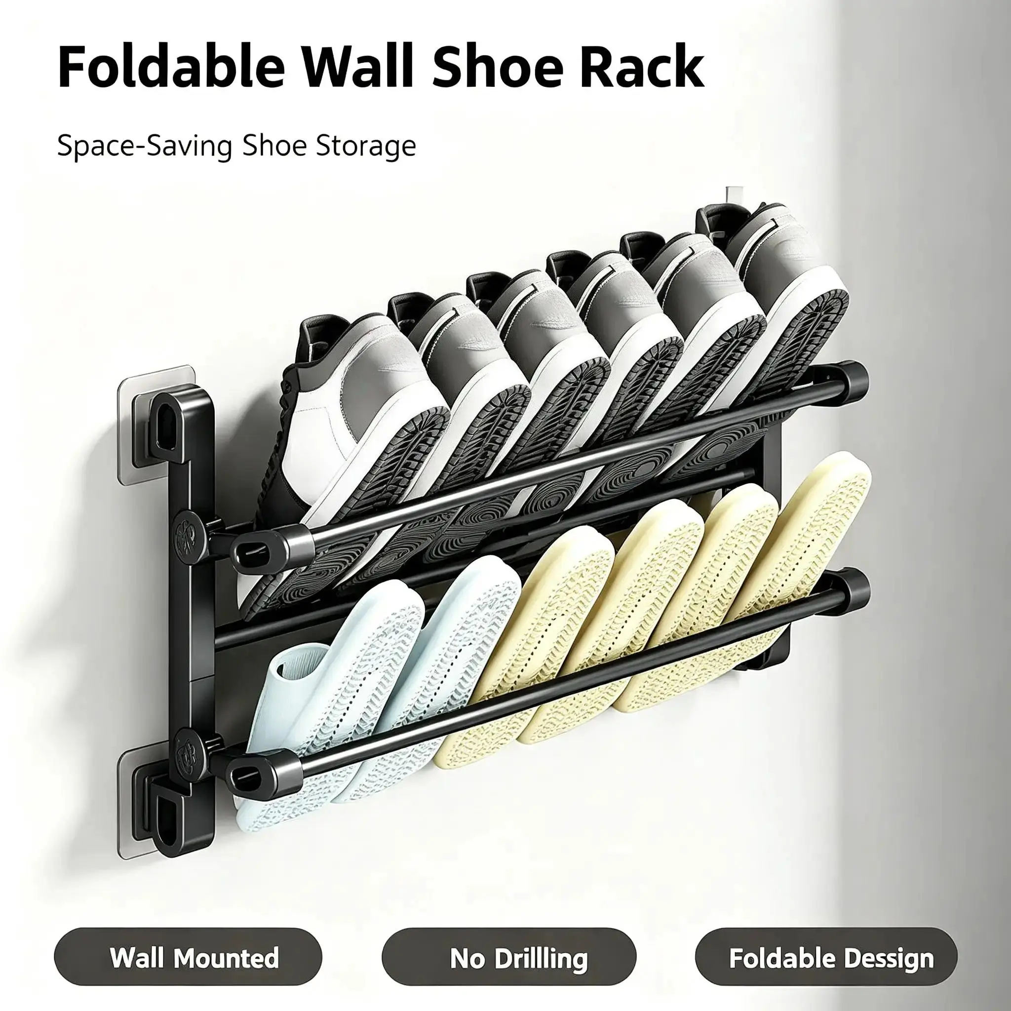 11.5/19.5inch Foldable Wall Mounted Shoe Rack, Space Saving Shoe Organizer for Entryway Bedroom Closet and Small Apartments, Multi Pair Shoe Storage Holder, Compact Wall Shoe Shelf for Sneakers Slippers and Daily Footwear