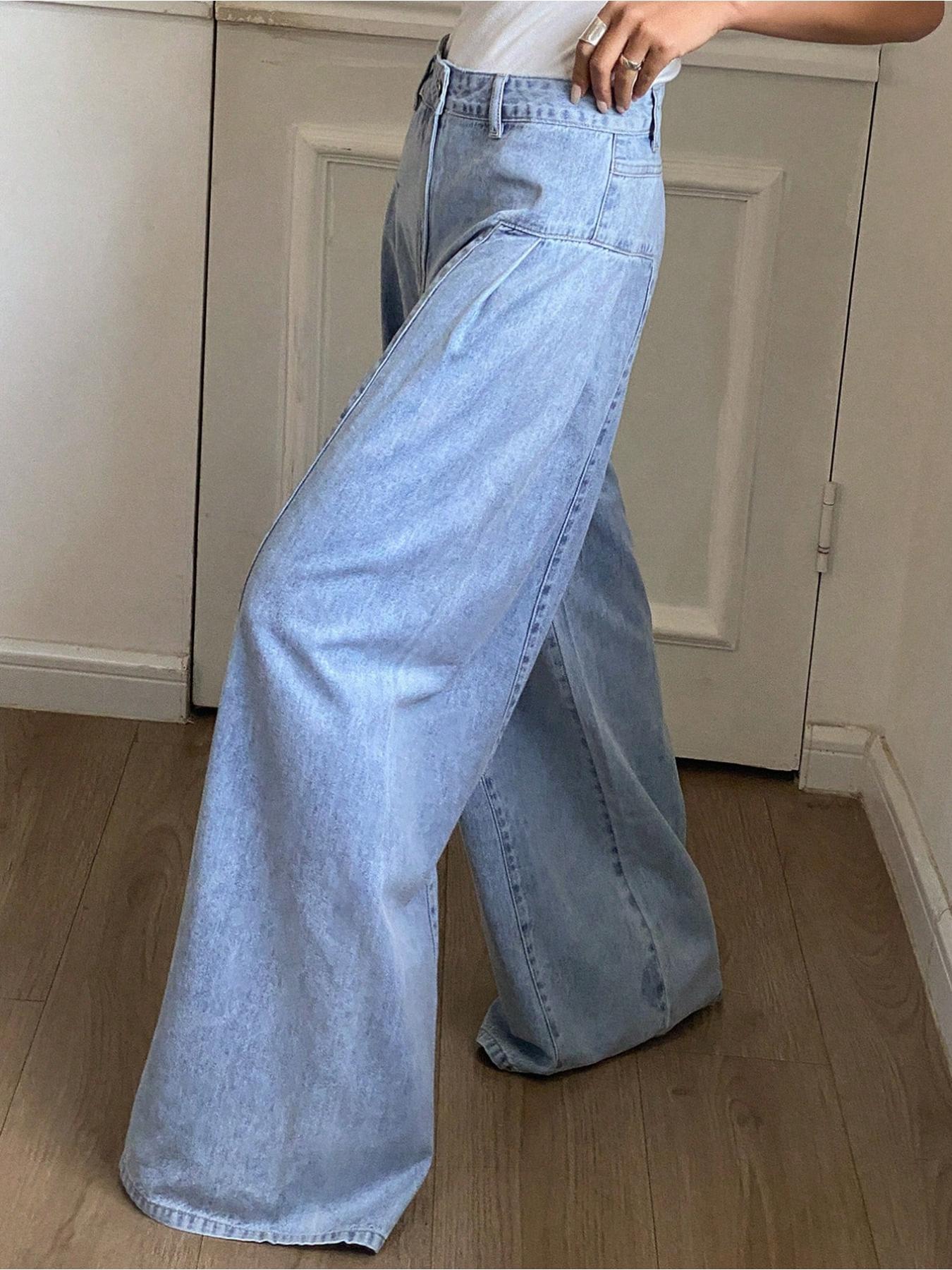 Women's Fashionable Elastic Comfortable Straight Leg Wide-Leg Woven Denim Jeans Pants, Plain Pattern, Fitted Style, All Seasons Wear, Womenswear