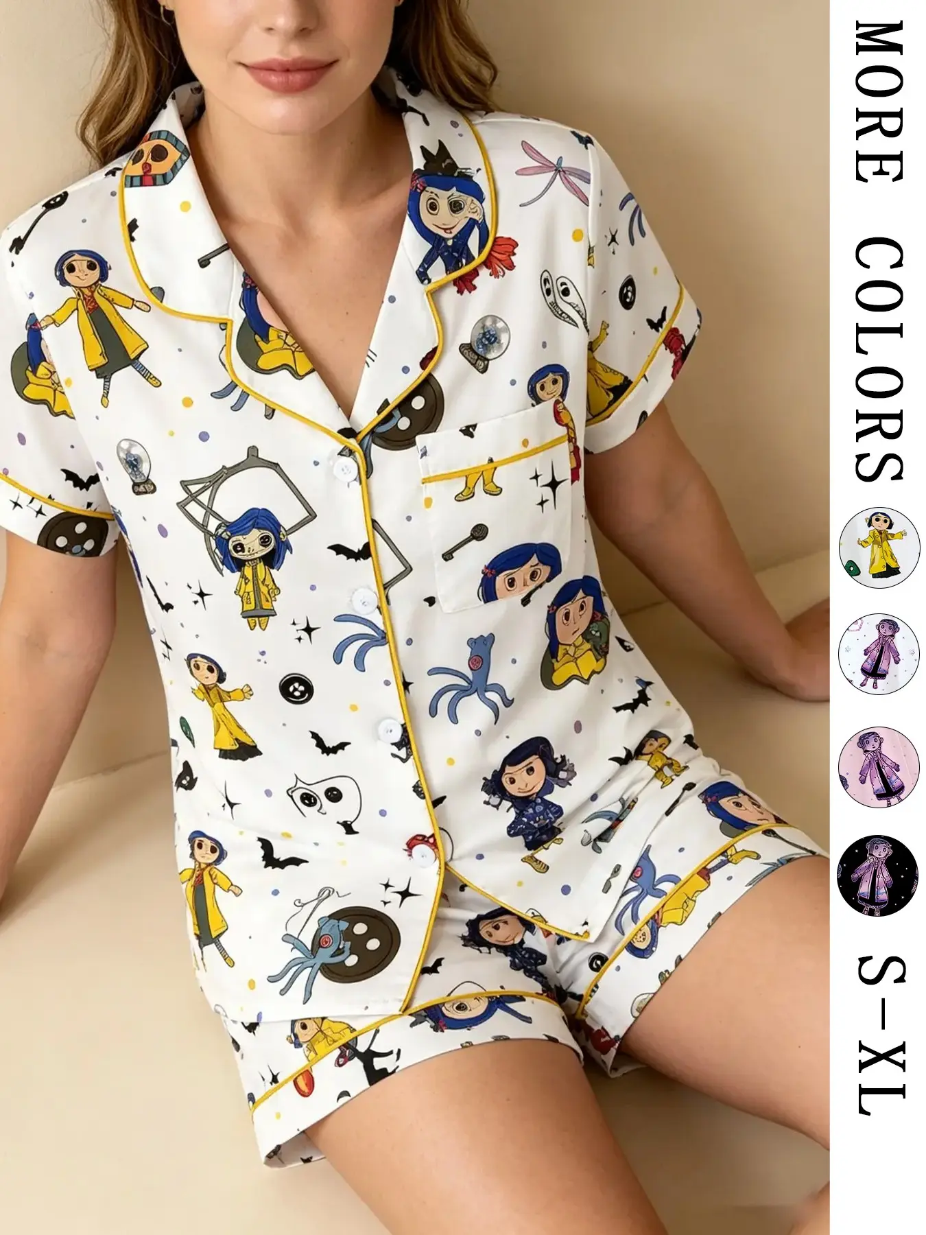 Coraline Cartoon Print Women's Pyjamas Set, Comfortable Sleepwear, Short Sleeve Button-Up Top and Elastic Shorts, Casual Home Gift, Printed Sleepwear Set