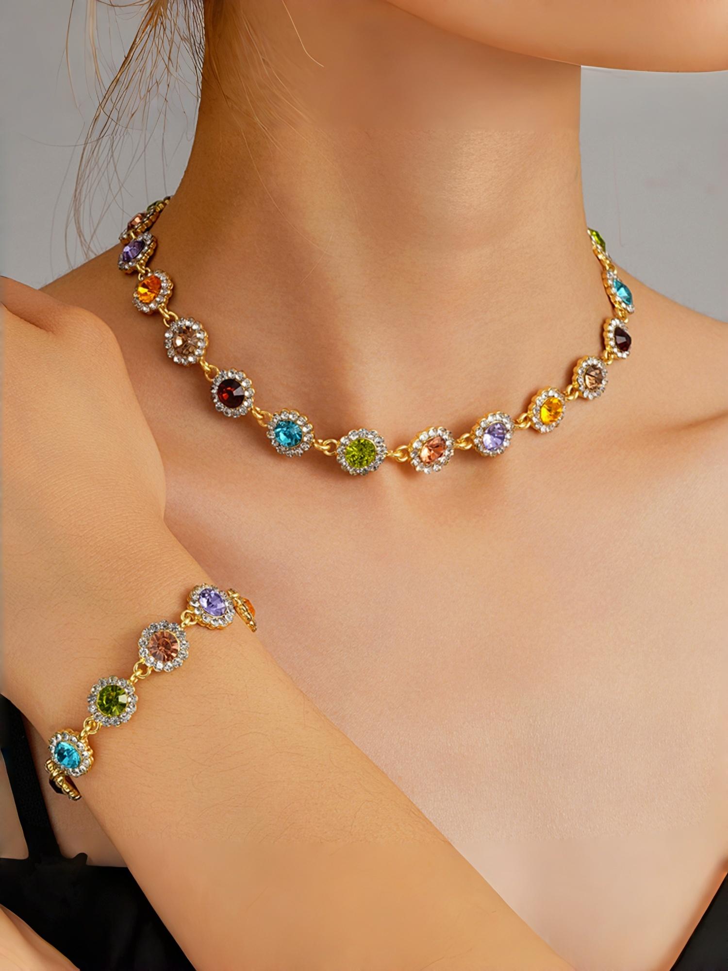 Bohemian Dopamine Colorful Rhinestone Artificial Crystal Necklace, Elegant Sparkling Jewelry for Women & Girls, Perfect Gift for Holidays & Birthdays