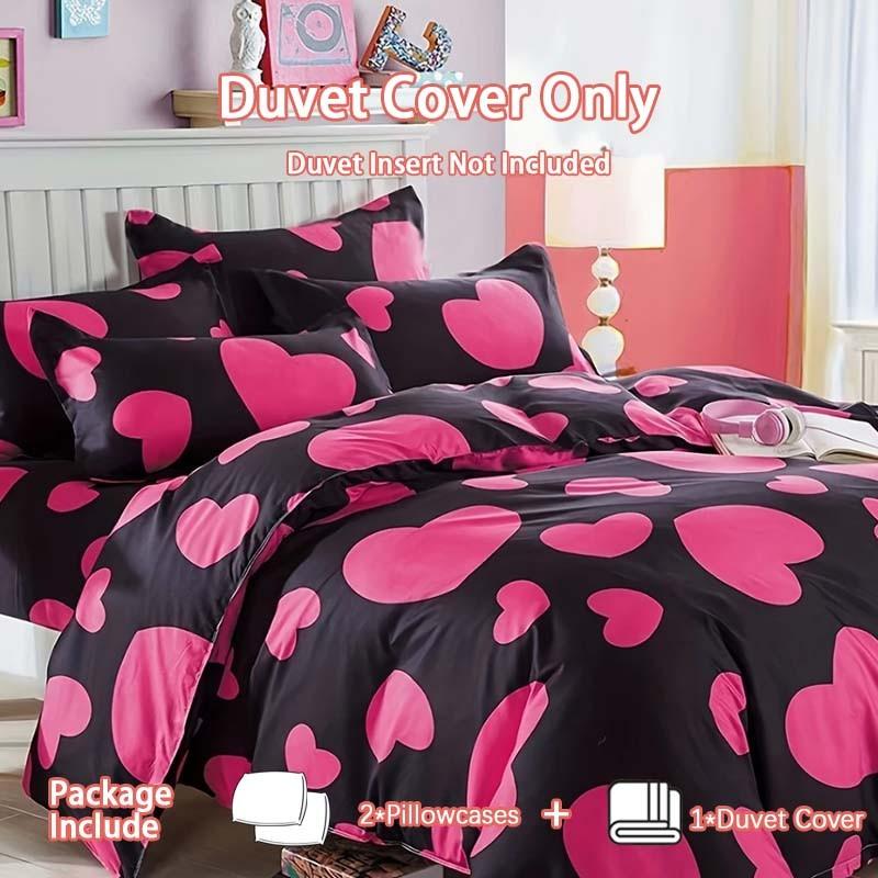 3-Piece Heart Print Duvet Cover Set with Zipper Closure. Soft and comfortable bedding set for bedrooms and guest rooms, including 1 duvet cover and 2 pillowcases, no inserts included.