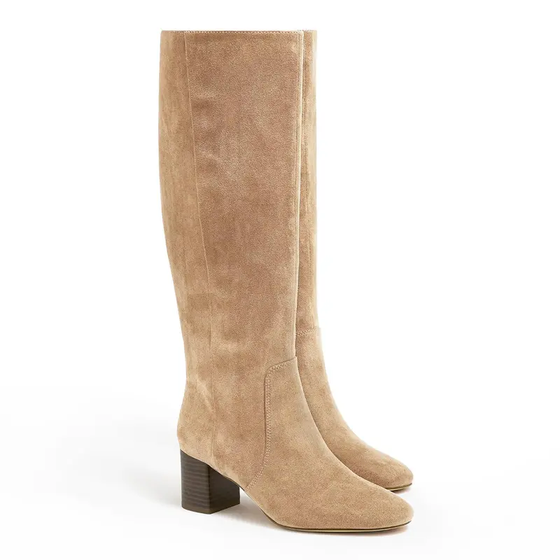Coutgo Womens Chunky Heel Knee High Boots Suede Round Toe Fall Winter Tall Boots with Side Zipper