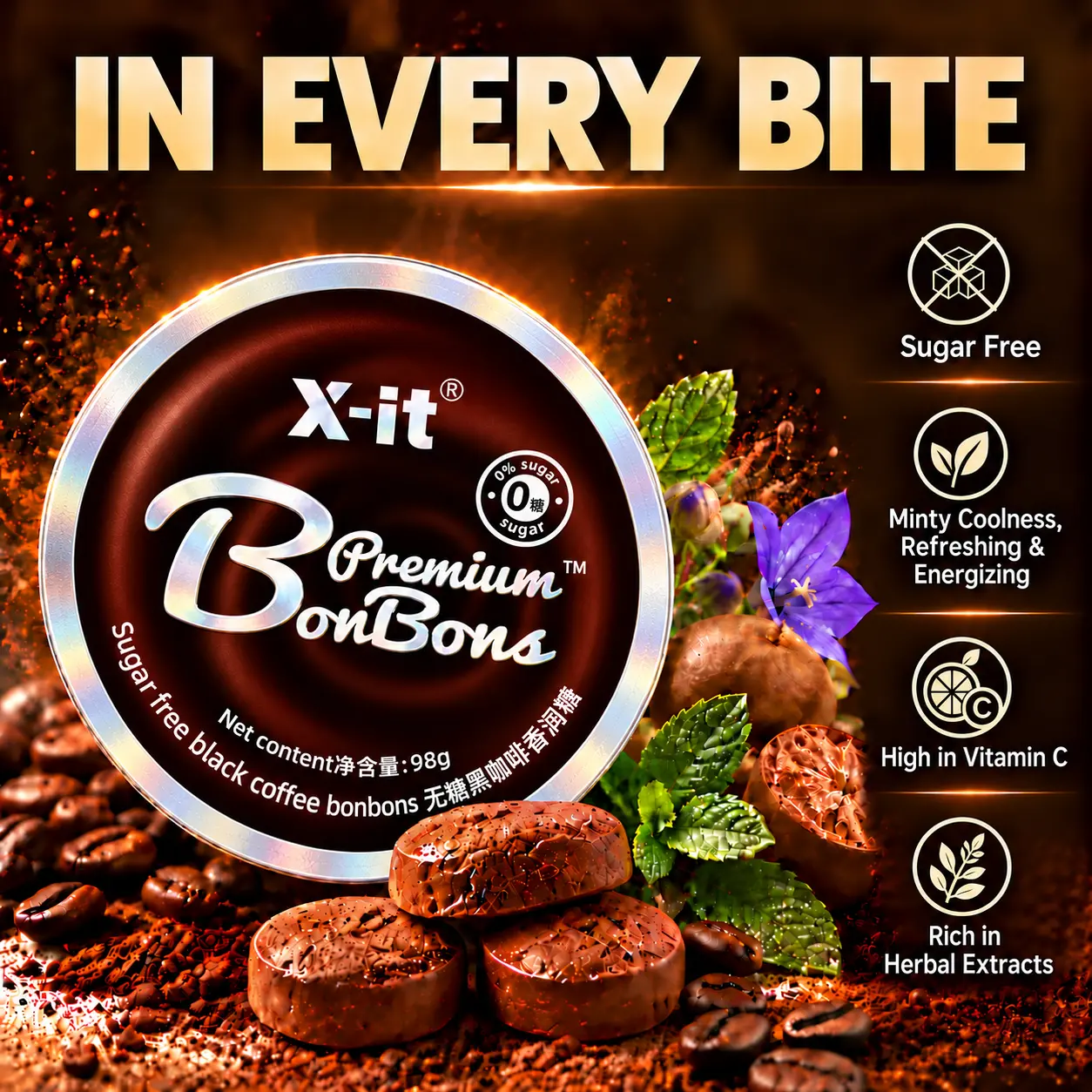X-it Sugar-Free Iced Coffee Hard Candy Snacks, 3.5oz Premium Pocket-Size Metal Tin (Energy Boosting, Rich Flavor, Refreshing Mint Finish), Toss-In Bag Ready, Long-Lasting Freshness, Adult-Focused Business Office Treat