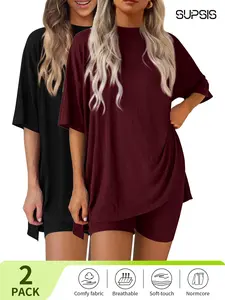 Women's Solid Color Tee & Skinny Shorts Loungewear Set, Fashion Casual Comfy Round Neck T-shirt & Shorts PJ Set, Ladies Sleepwear for Summer, Pajama, Soft Lounge Sets, comfyessentials, giftideas,summersale,pjs,nightwear,sleepwearfashion