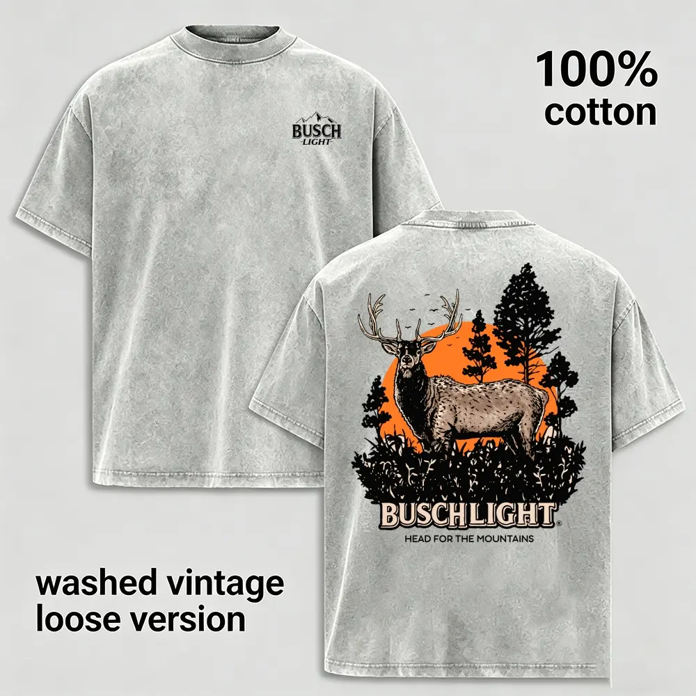 Classic Distressed Washed Vintage Hunting Tee For Men Light Wild Elk Forest Double Sided Print Oversized Relax Fit Soft Cotton Mountain Outdoor Daily Short Sleeve Shirt