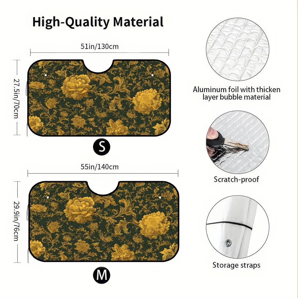 1pc, Golden Floral Elegance Pattern Car Windshield Sunshade, Compact Folding Sun Visor for Front Windshield, Ensures Comfort During Long Drives and Weekend Parking