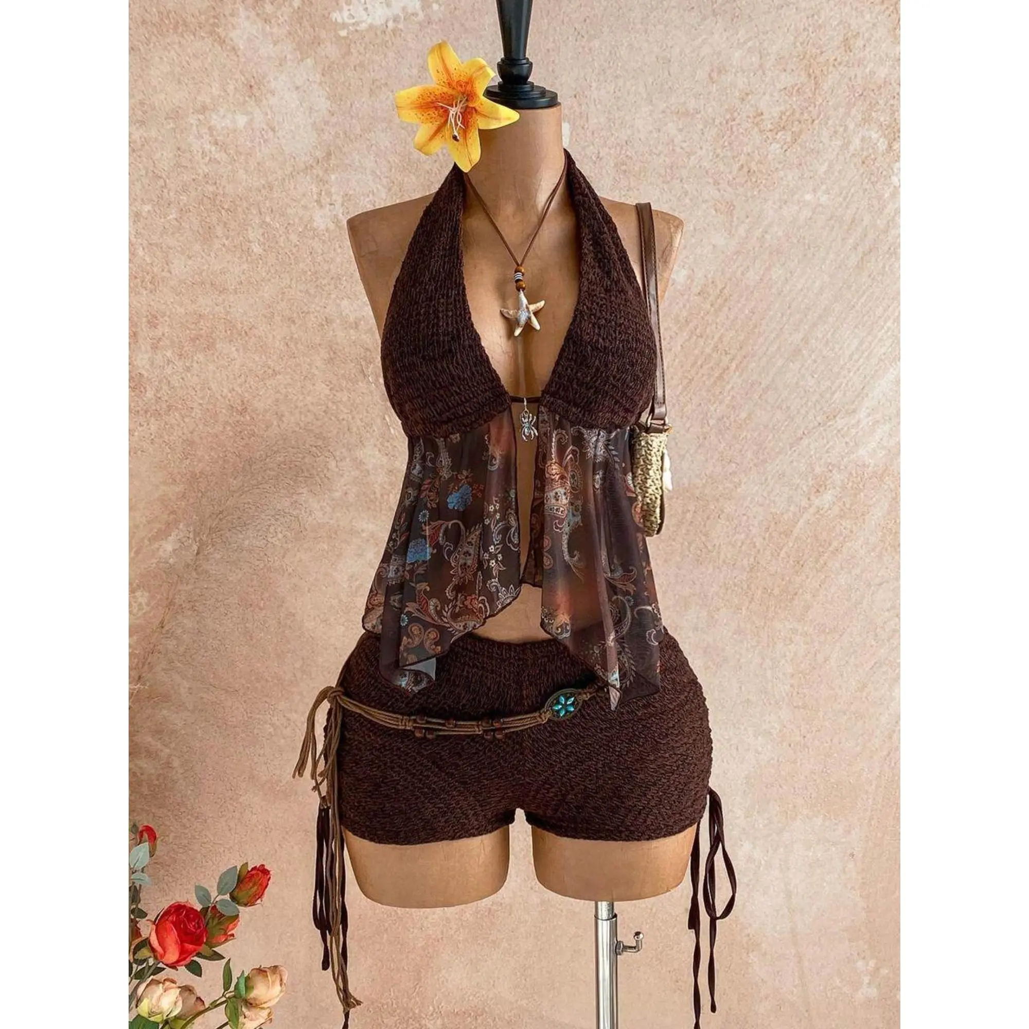 Vintage Hippie Print Halter Cami Top + Drawstring Knit Short Women Co Ord Set