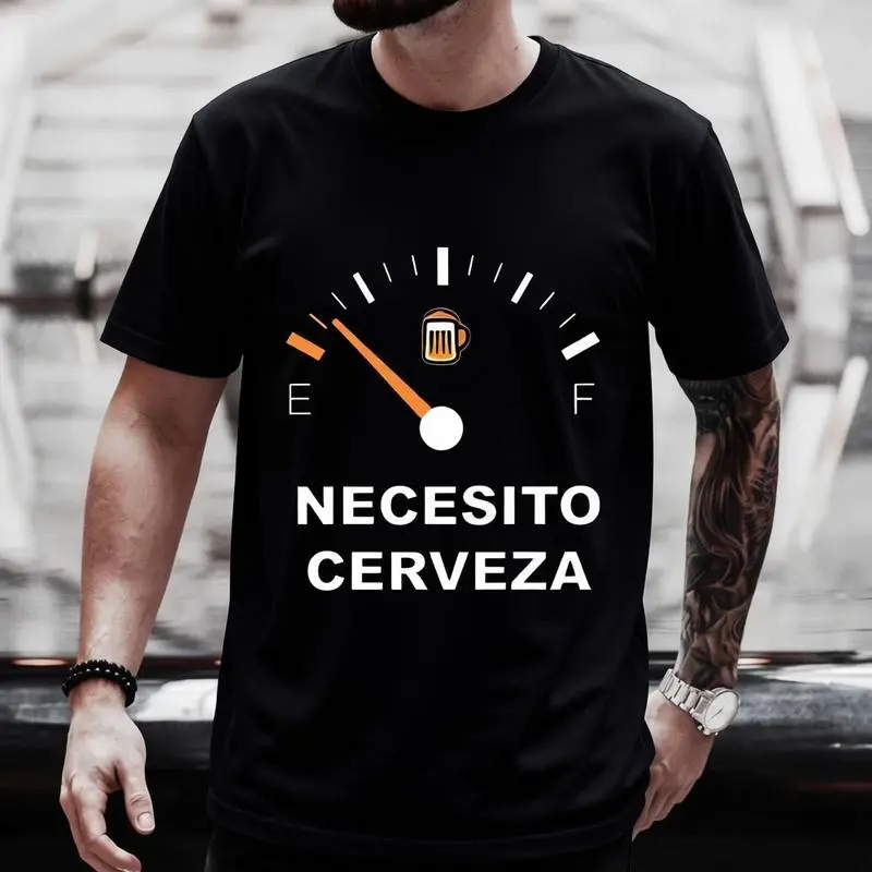 Men's "Necesito Cerveza" Graphic Print T-Shirt, Chic Heavy Cotton Short Sleeve Crew Neck Shirt for Summer, Printed Text, Korean