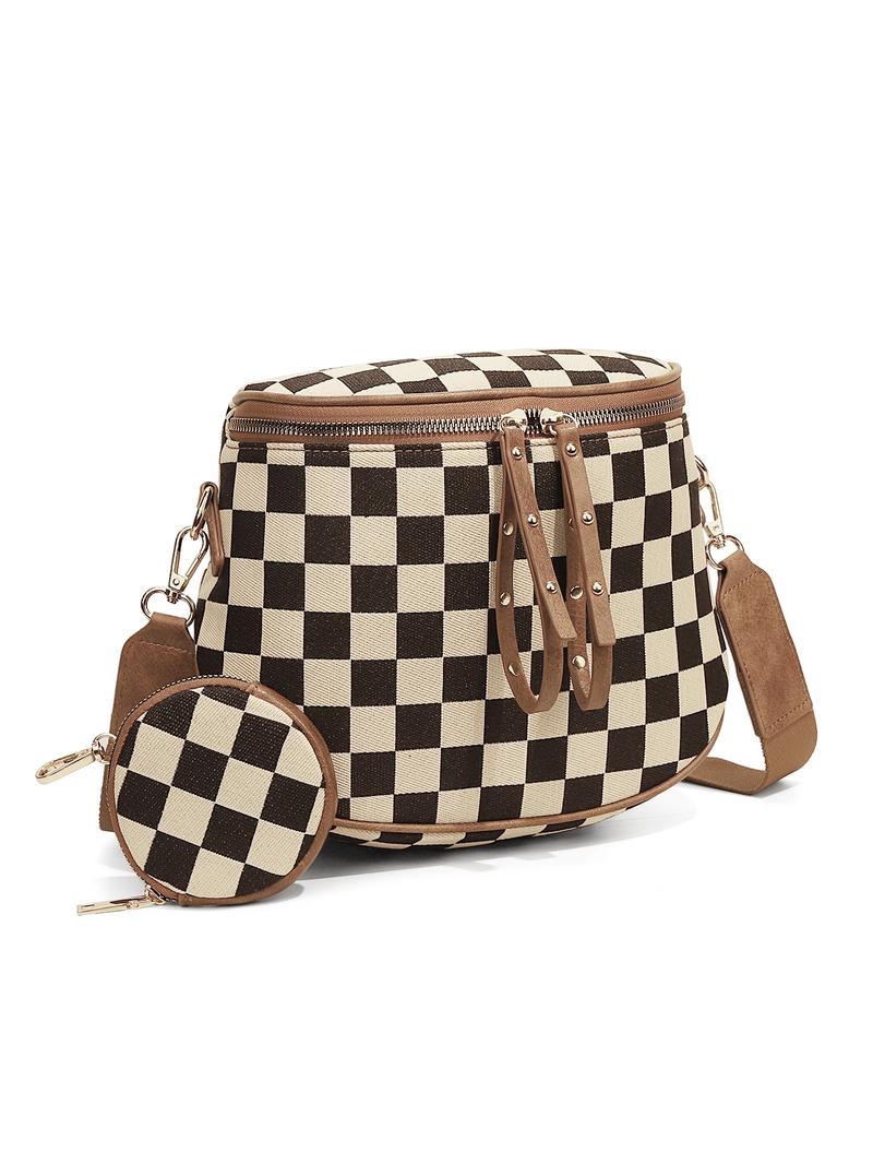 Lychee Texture Large Crossbody Bags for Women, PU Leather Bum Bag with Coin Purse, Stylish Checkered Sling Purse with Adjustable Strap, Lightweight Commuting Shoulder Bag Fanny Packs for Mother Travel Gifts Everyday Use